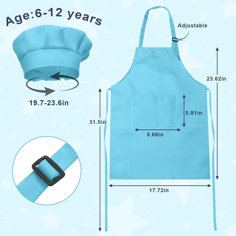 IAGBIBUI Kids Apron and Chef Hat Set, 16 Pieces Boys Girls Kids Apron with 2 Pockets Adjustable for Cooking Classroom Baking Painting, 6-13 Years, Bright Color - Image 2